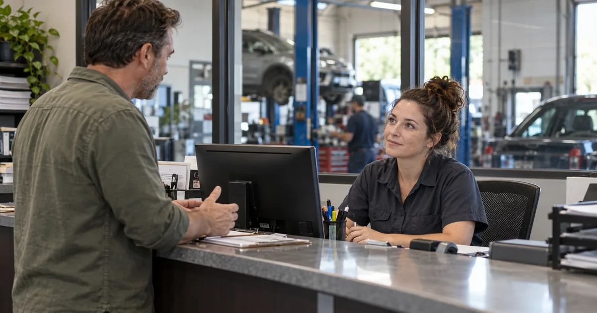 An auto repair service manager listens to a customer beside her reception computer. AI-generated editorial image.