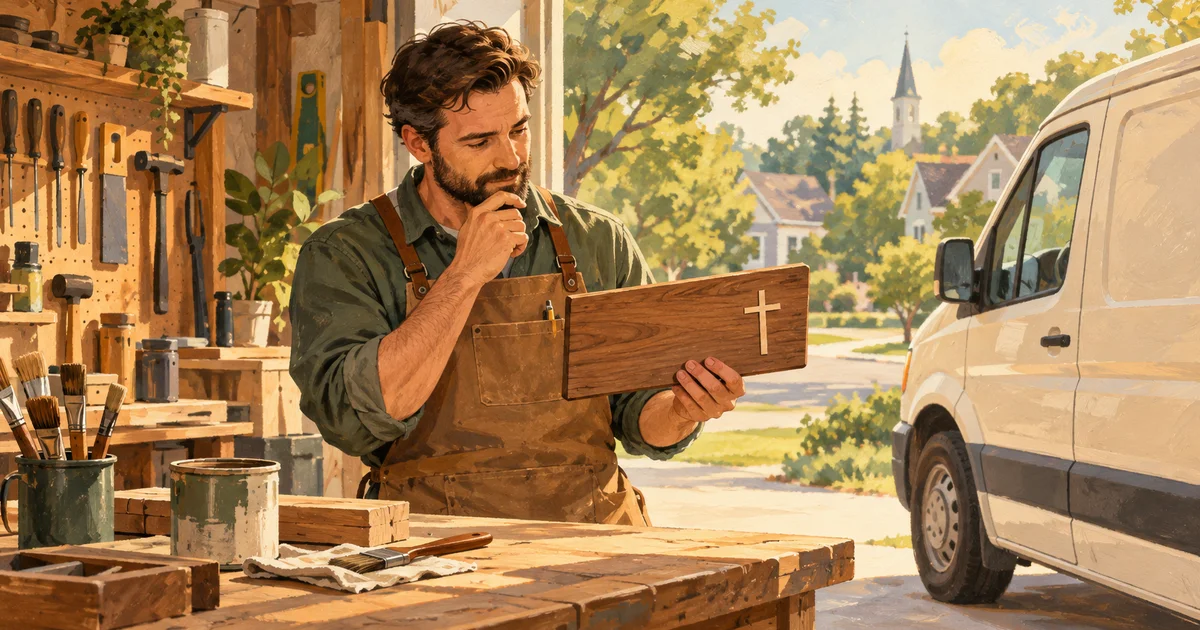 A business owner considers a wooden sign with a small cross beside a cream service van at the open door of a neighborhood workshop.