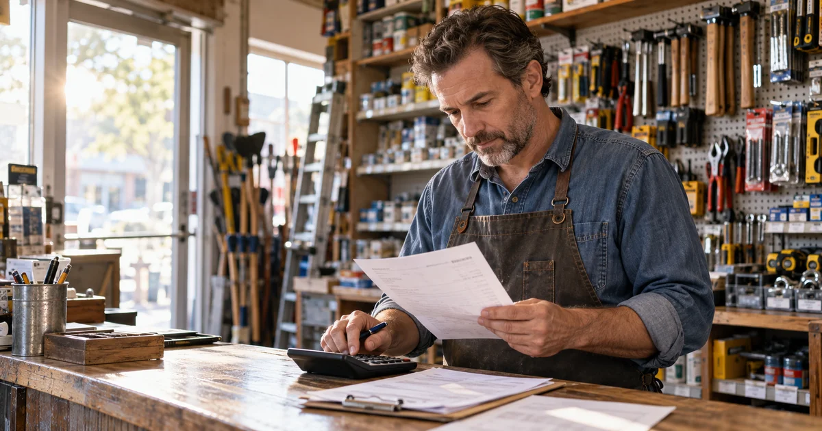 A hardware store owner reviews paperwork with a calculator at the counter before opening. AI-generated editorial image.