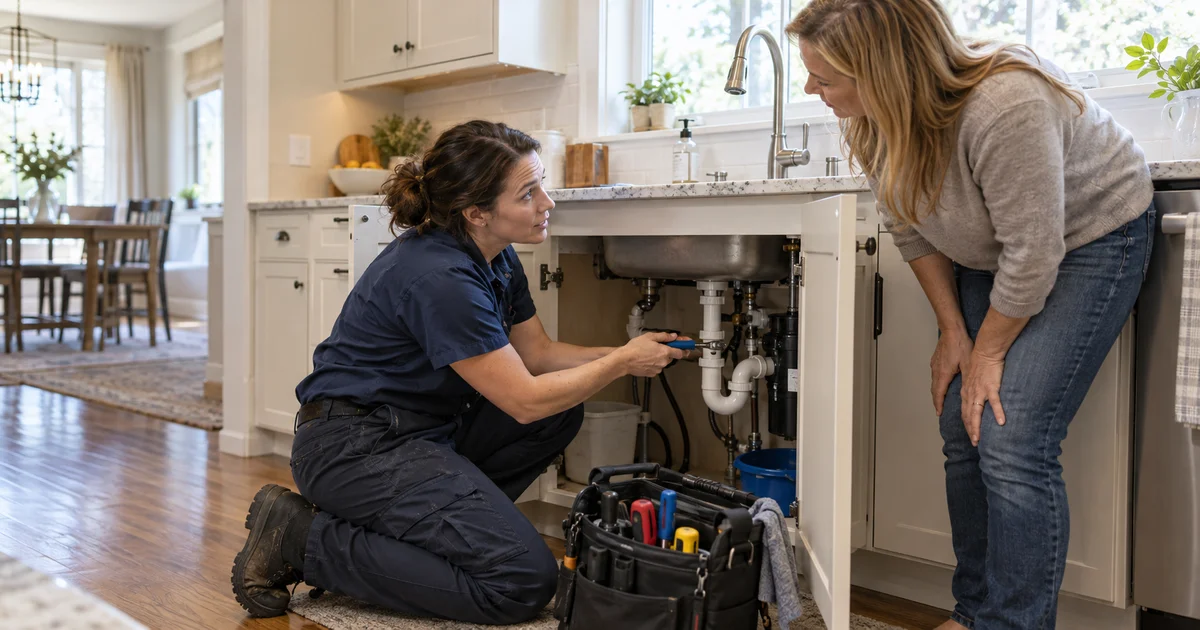 A plumbing professional checks an under-sink connection while speaking with a homeowner in a bright kitchen. AI-generated editorial image.
