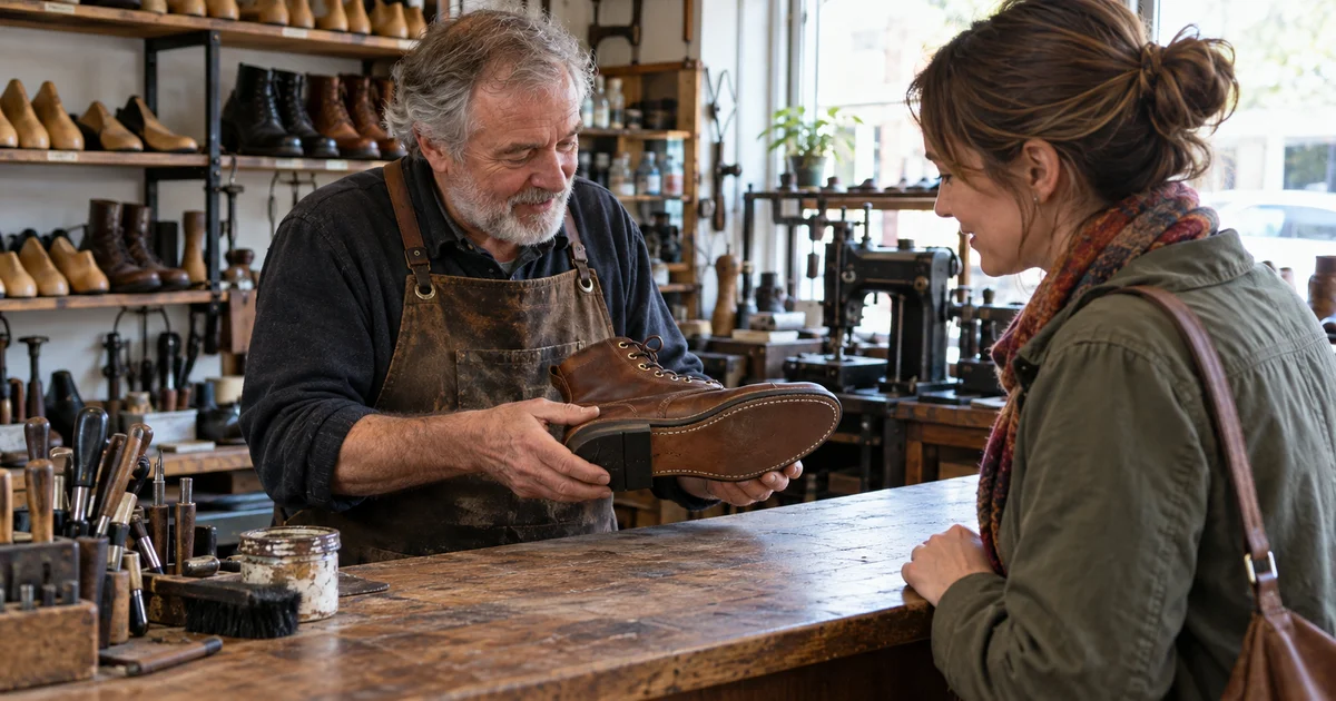 A shoe repair craftsperson shows a repaired boot to a customer across the shop counter. AI-generated editorial image.