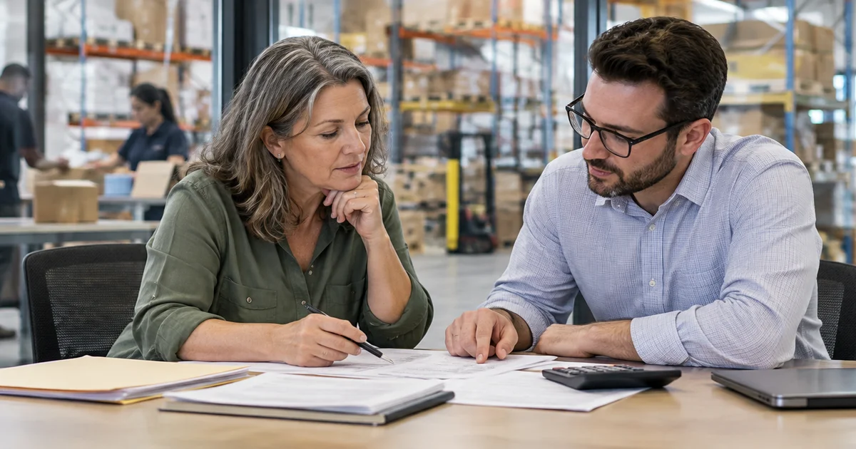 A business owner and an accountant review financial plans at a table beside a working distribution warehouse. AI-generated editorial image.