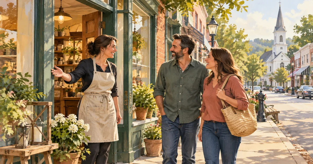 An illustration of a shop owner welcoming two neighbors outside a sunlit local store, with a church down the street.